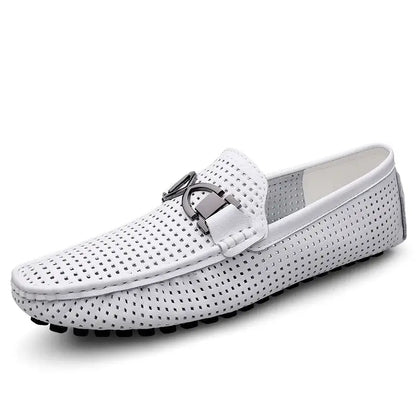 Luxury white perforated men's loafers with buckle detail, featuring elegant design and slip-on comfort. Ideal for upscale fashion and formal wear.