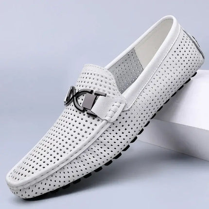 White perforated Beaumont Leather Loafers showcasing elegant slip-on design, perfect for formal occasions with a luxurious comfort fit.