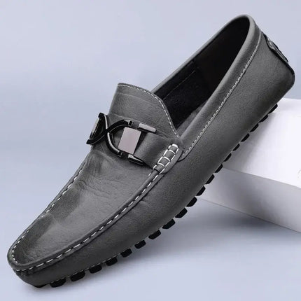 Benson Leather Loafers in grey premium leather, showcasing slip-on design with cushioned footbed for men's formal style and luxury comfort.