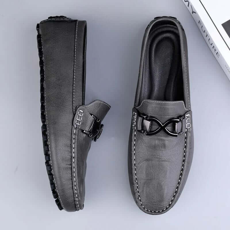 Benson Leather Loafers in grey, showcasing elegant slip-on design and premium leather quality, perfect for formal men's wear and comfort.