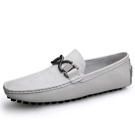 Benson Leather Loafers in white, men's slip-on formal leather shoes with cushioned footbed and rubber outsole for luxury and comfort.
