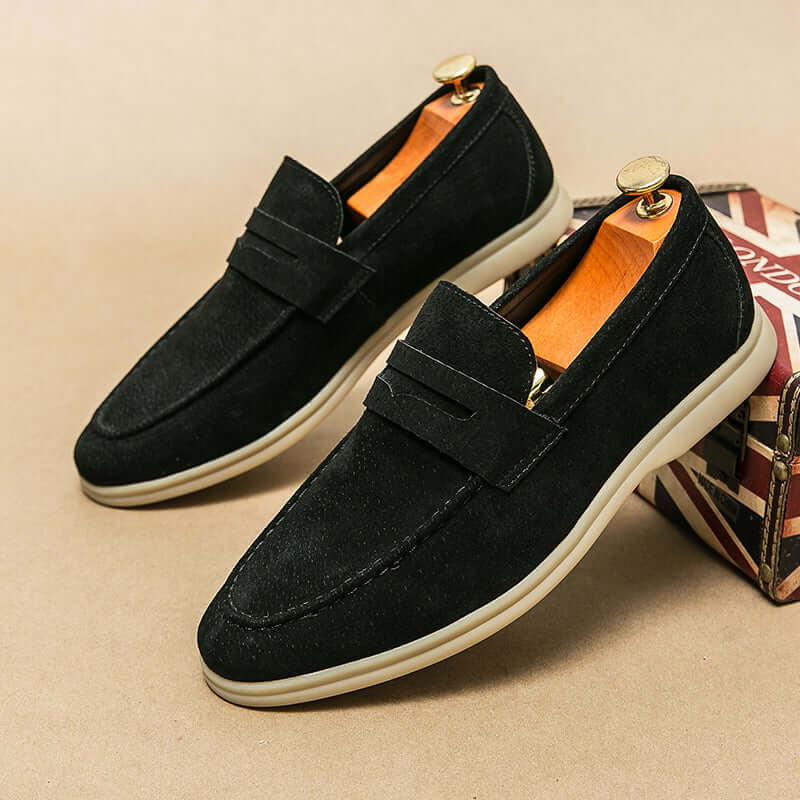 Brando Suede Loafers - premium men's leather loafers, elegant slip-on design, formal style in luxury black suede with cushioned footbed for comfort.
