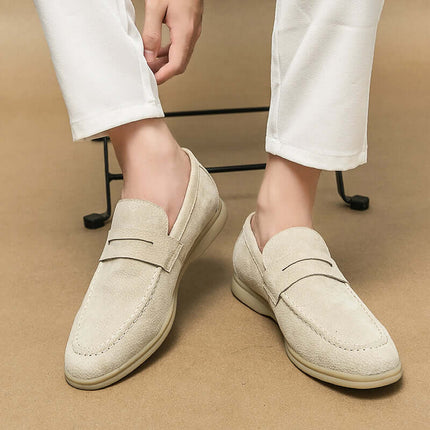 Men's Brando Suede Loafers in premium beige suede, showcasing slip-on design and luxury for formal and casual wear. Elegant and comfortable footbed.