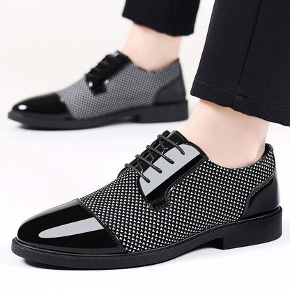 Brinell Dress Shoes with black and white design, breathable upper, and cushioned insole for comfort and style in formal settings.