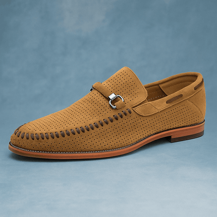 Calviano Suede Loafers - Men's luxury slip-on shoe with genuine suede, perforated design, and brushed metal strap, perfect for formal elegance.