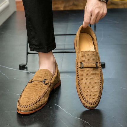 Calviano Suede Loafers showcasing premium suede and perforated design, ideal for men's luxury slip on leather formal loafers with elegant appeal.