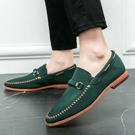 Elegant Calviano Suede Loafers in green suede, featuring classy stitching and brushed metal strap, perfect men's leather loafers for formal wear.