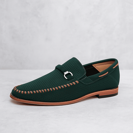 Calviano Suede Loafers - luxury men's slip-on, with genuine suede, brushed metal strap, and orthopedic comfort for formal elegance.