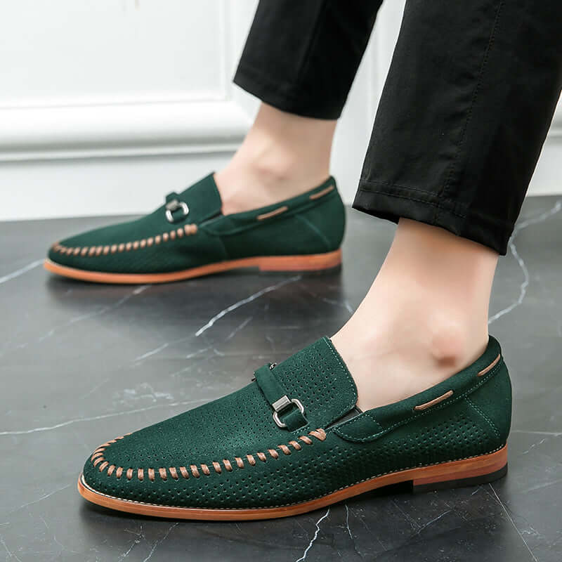 Elegant Calviano Suede Loafers with contrast stitching, brushed metal strap, and orthopedic insole for ultimate comfort and formal style.