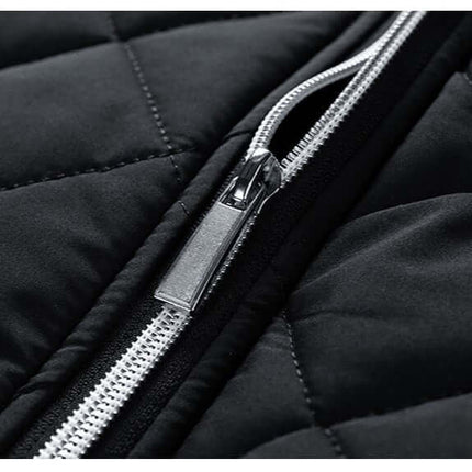 Close-up of zipper detail on casual jacket for men in modern urban style, black fabric texture.