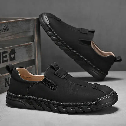 Catania Genuine Leather Loafers with hand-stitched detailing, featuring elastic side panels, cushioned insole, and durable rubber outsole for men.