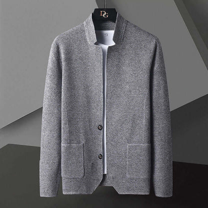 D’Avorio Knit Cardigan for men, warm stand collar winter sweater, featuring premium knit and stylish two-button design.