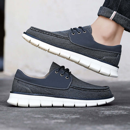 Denton Slip-On Sneakers featuring denim canvas, metal eyelets, and cushioned insoles, perfect comfortable everyday sneakers for men.