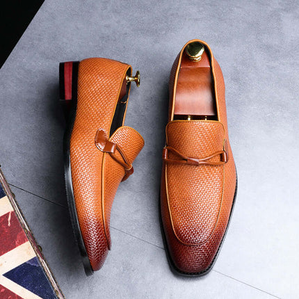 Ferraro Genuine Leather Loafers in rich tan with embossed texture, classic slip-on design, featuring orthopedic cushioned insole for formal elegance.