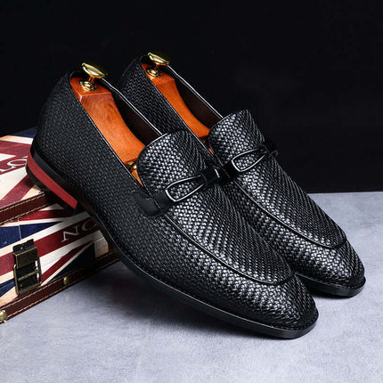 Ferraro Genuine Leather Loafers, slip-on formal men's shoes with embossed texture and cushioned insole, luxury style black loafers.