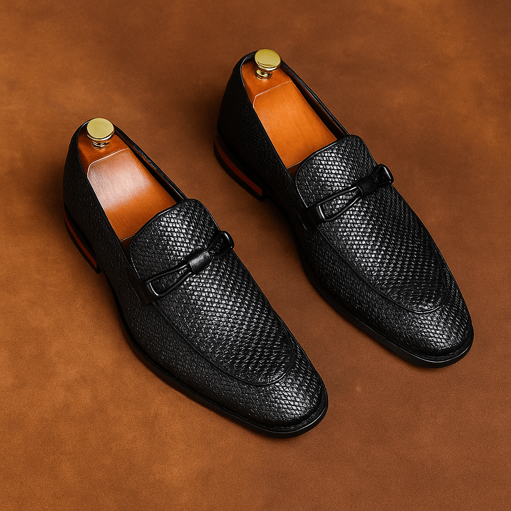 Ferraro Genuine Leather Loafers with embossed texture, offering slip-on comfort and sophistication for formal men’s wear, luxury loafers category.