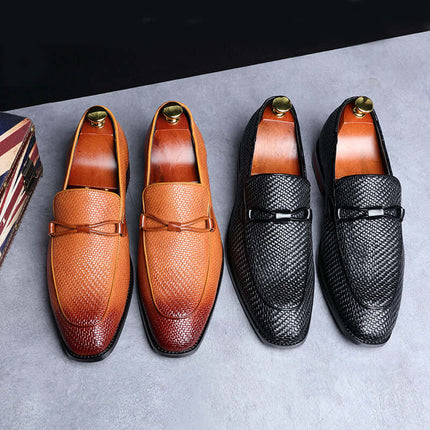 Ferraro Genuine Leather Loafers in black and brown, featuring a bold embossed texture, cushioned insole, and bit detail for elegant slip-on comfort.