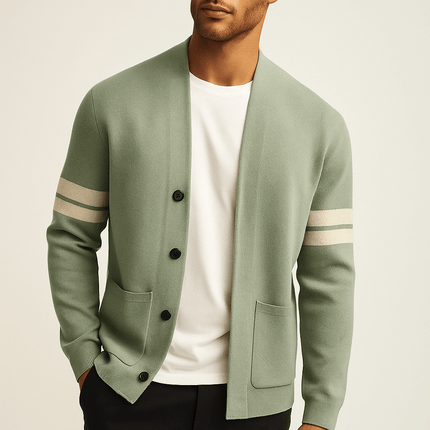 Giancarlo Cardigan for men in soft merino wool blend, featuring sleeve stripes and front pockets, ideal winter knitwear for warmth and layering.
