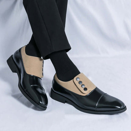 Giotto dual tone men's dress shoes in black and beige with genuine leather and suede, featuring a sleek cap toe design on a white background.