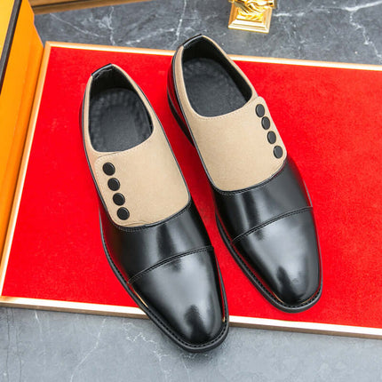 Giotto dual tone men's dress shoes in leather with suede panels, sculpted cap toe, and cushioned insole on red background.