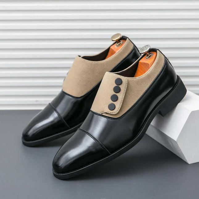Giotto dual tone men's dress shoes with split leather upper and suede panel, featuring cushioned insole and sculpted cap toe.