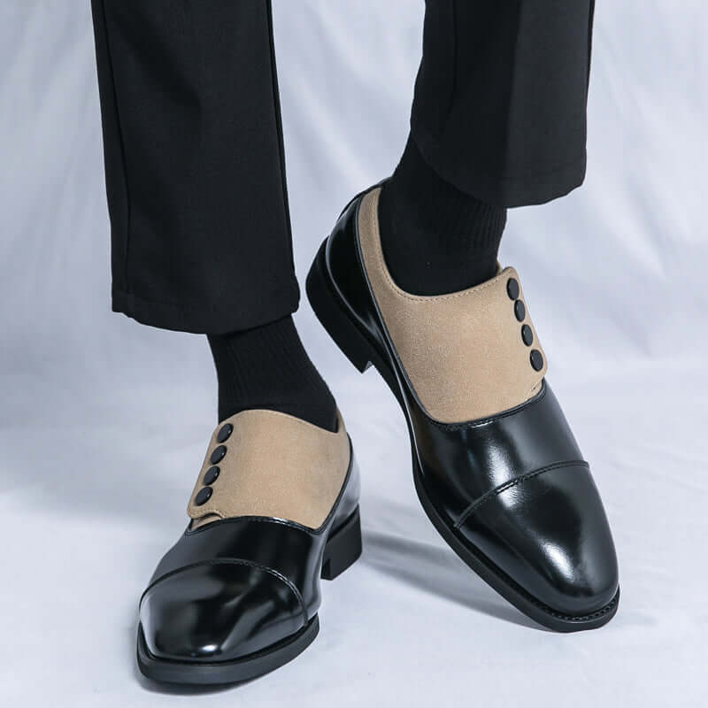 Giotto dual tone men's dress shoes in split leather and suede with cap toe and slip-on design, featuring non-slip rubber outsole.