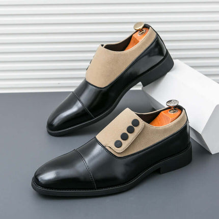 Giotto dual tone men's dress shoes in black leather and suede with orthopedic insole, non-slip outsole, and cap toe design.