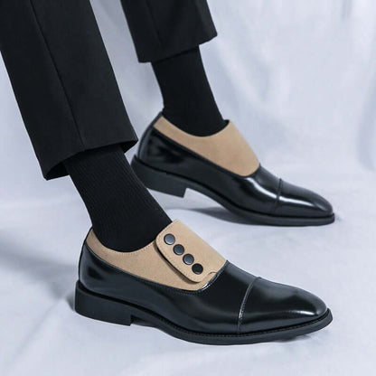 Giotto dual tone men's dress shoes in genuine leather with suede panel, cushioned insole, and sculpted cap toe silhouette.