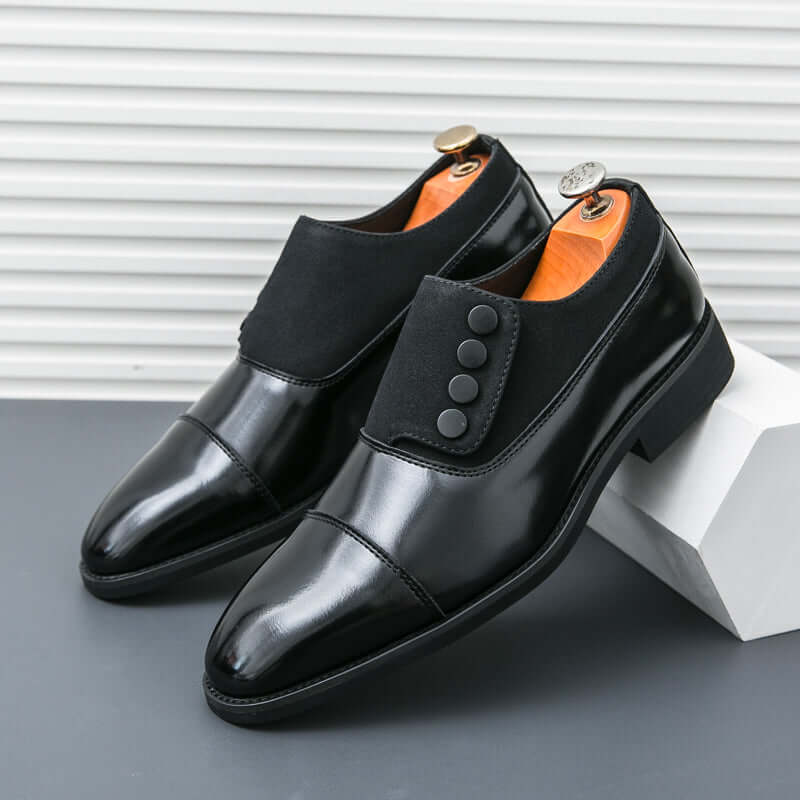 Giotto dual tone men's dress shoes with split leather, velvety suede panel, cushioned insole, and non-slip rubber outsole.