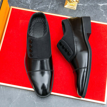 Giotto dual tone men's dress shoes in black leather with suede panels, featuring cushioned insole and non-slip outsole.