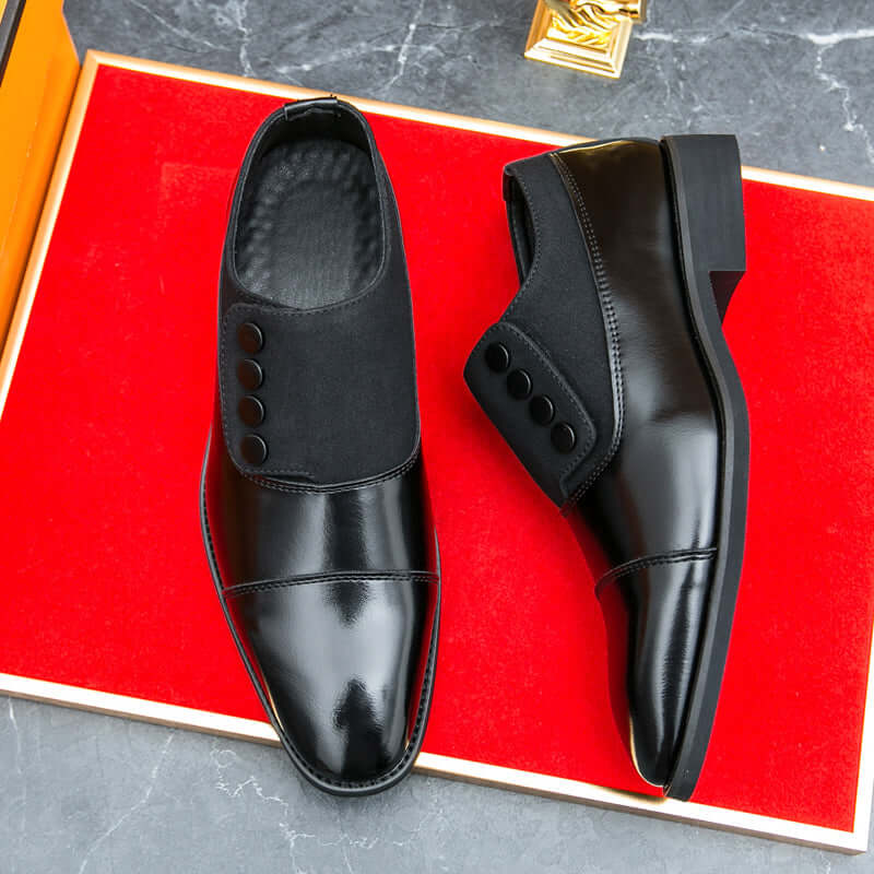 Giotto dual tone men's dress shoes in black leather with suede panels, featuring cushioned insole and non-slip outsole.