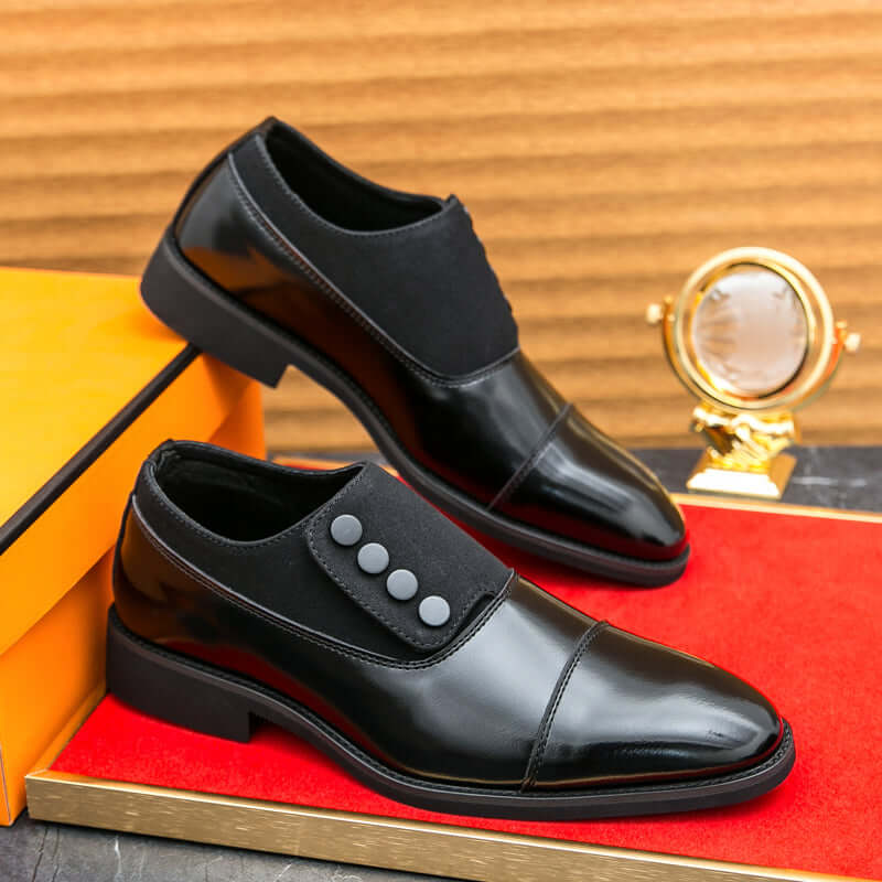 Giotto dual tone men's dress shoes with genuine leather and suede, featuring a cushioned insole and sculpted cap toe on display.