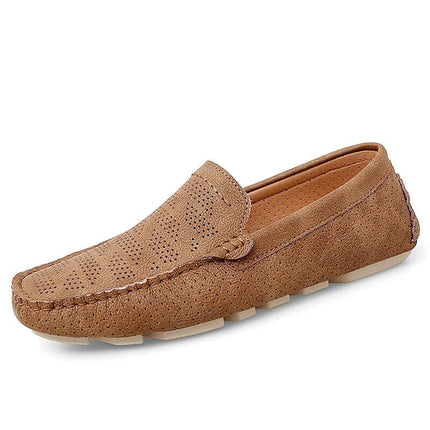 Giuliano Leather Loafers in tan, showcasing perforated design and cushioned insole. Perfect blend of formal style and slip-on comfort for men.