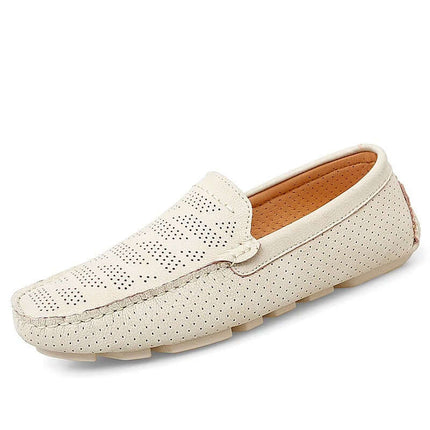 Giuliano Leather Loafers in beige, elegant slip-on men's formal shoes with perforated design and cushioned footbed for comfort.
