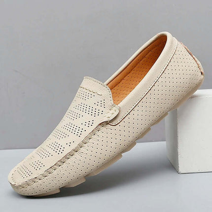 Giuliano Leather Loafers in beige featuring elegant perforated design, slip-on convenience, and premium leather for sophisticated formal style.