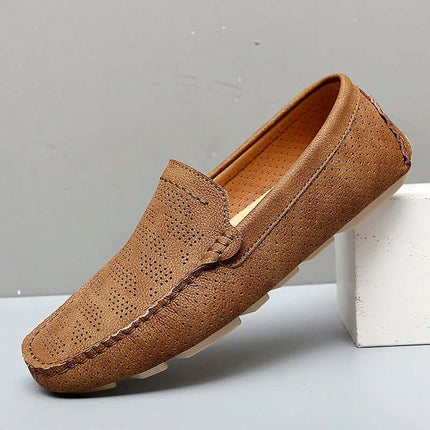 Elegant Giuliano Leather Loafers showcasing brown perforated design for airflow, premium slip-on comfort, and formal style for men.