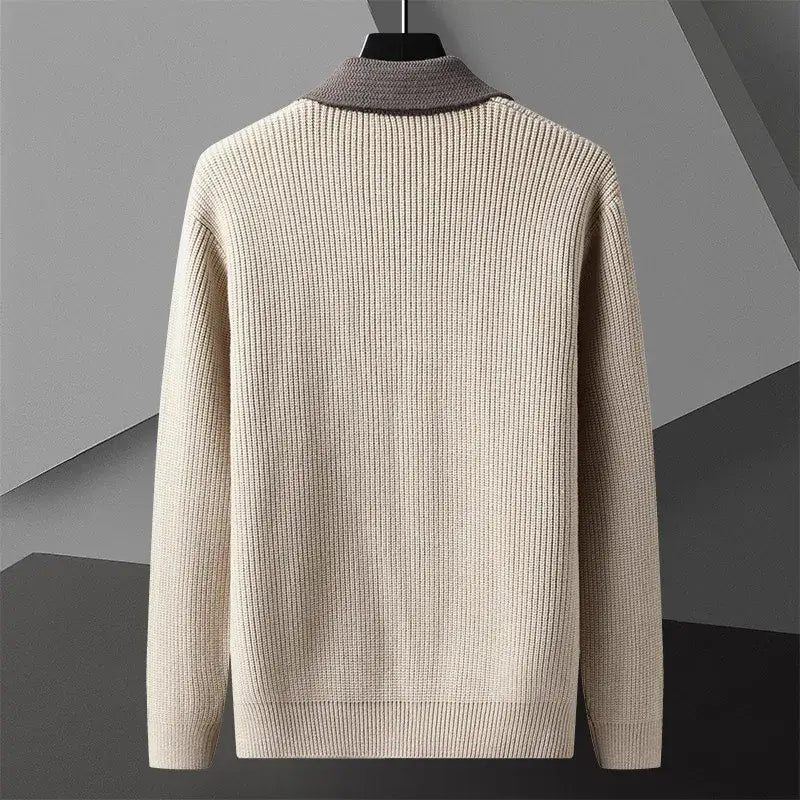 Harrison Knit Cardigan showcasing a soft, textured knit with a contrasting collar, perfect for men's winter warmth and cozy layering.