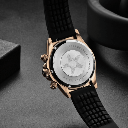 Back view of Imperio Chronograph – Rose Noir Edition showing rose gold case and black strap