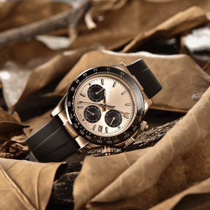 Imperio Chronograph Rose Noir Edition watch with rose gold case on autumn leaves