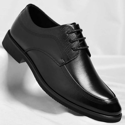 Italian leather dress shoes for men with black finish, cushioned footbed, and versatile formal style.