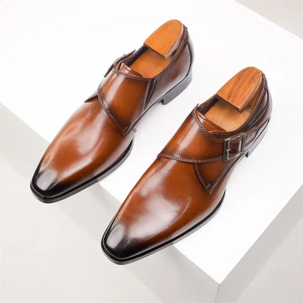 Lancaster Dress Shoes in genuine leather with polished metal buckle and pointed toe, ideal for casual or formal wear.