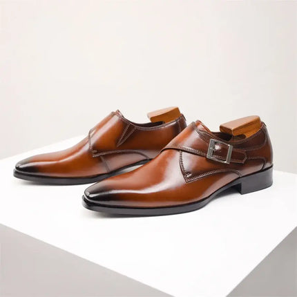 Lancaster Dress Shoes crafted from genuine leather with polished metal buckle, pointed toe design, and comfortable sole for all-day wear.