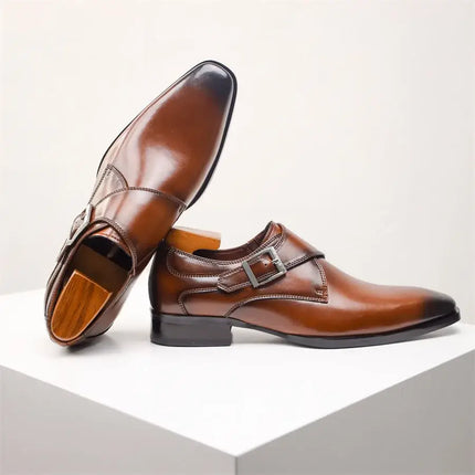 Lancaster Dress Shoes in genuine leather with polished metal buckle and sleek pointed toe design, perfect for casual or formal wear.