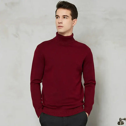 Langston Turtleneck men's winter sweater in deep burgundy, showcasing soft, warm fabric perfect for layering and everyday winter style.