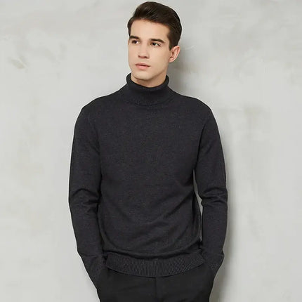 Man wearing Langston Turtleneck, a warm and cozy men's winter sweater, perfect for layered or standalone use. Ideal winter knitwear for comfort.