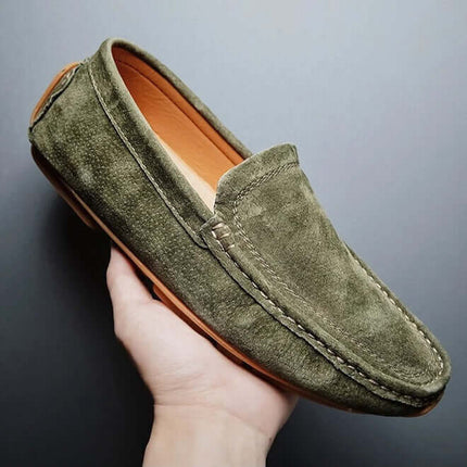 Lazio Suede Loafers in green Italian suede, showcasing elegant hand-stitched details, perfect for men's formal slip-on comfort and luxury style.