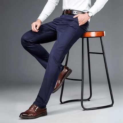 Loxley Classic-fit Pant in navy, showcasing comfortable men's pants for work or casual wear, made with breathable, flexible cotton/spandex fabric.