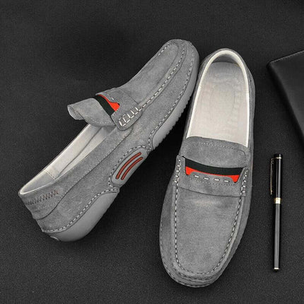Lucca Suede Loafers - men's luxury slip-on leather shoes in grey suede, featuring cushioned insole for all-day comfort and formal elegance.