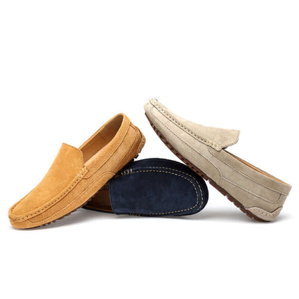 Lucera Slip-On Loafers in beige, blue, and tan, showcasing luxury men's leather loafers with soft suede and flexible sole, perfect for formal style.