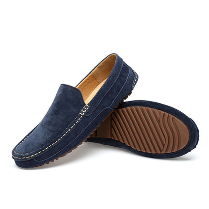 Lucera Slip-On Loafers in soft suede with flexible sole, showcasing minimalist elegant design for men's formal style and comfort.